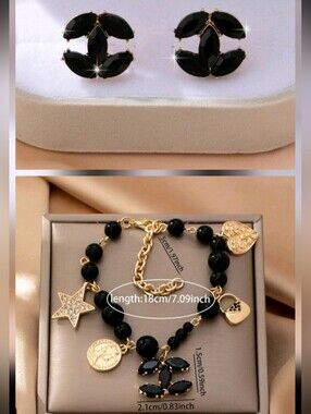Fashion nspired Black Crystal Stud Earrings and Charm Bracelet Set